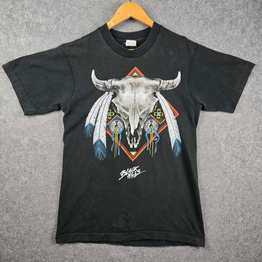 Vintage Native Skull Shirt Mens M Faded Black Hills Buffalo Sturgis Graphic 80s